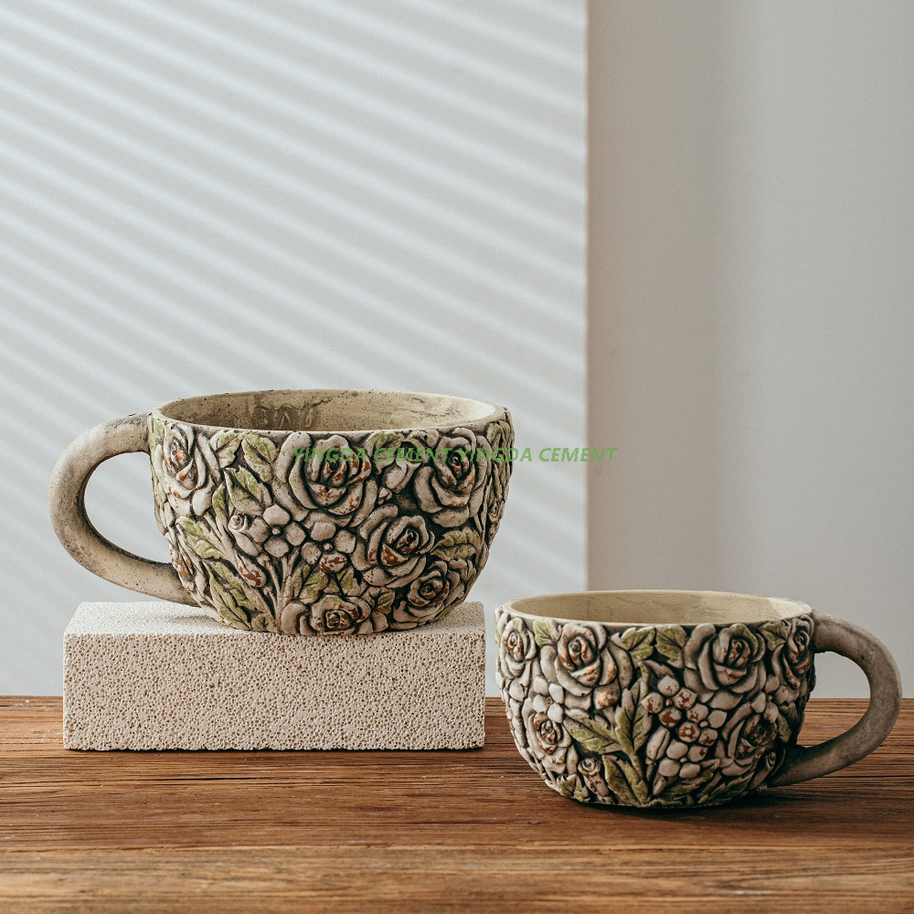 European style flower embossed design cup shape cement tabletop decor unique home decoration
