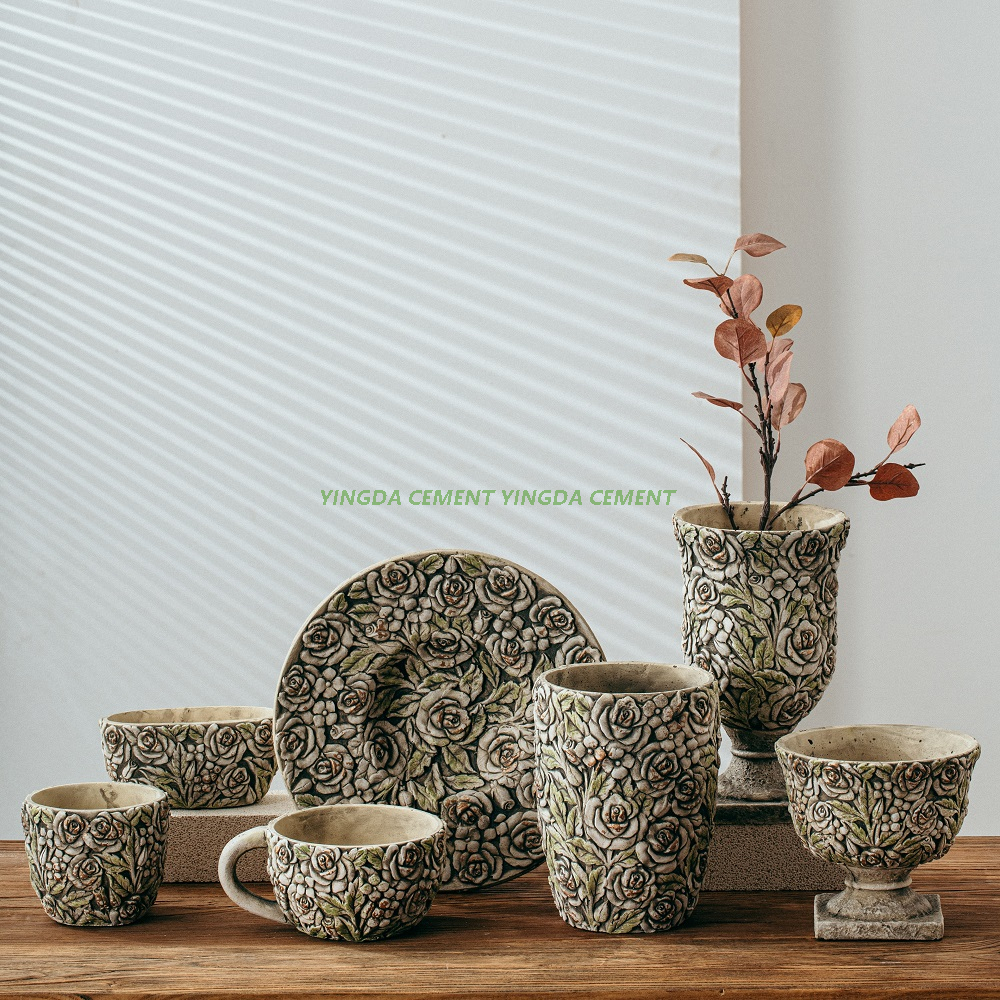 European style flower embossed design cup shape cement tabletop decor unique home decoration