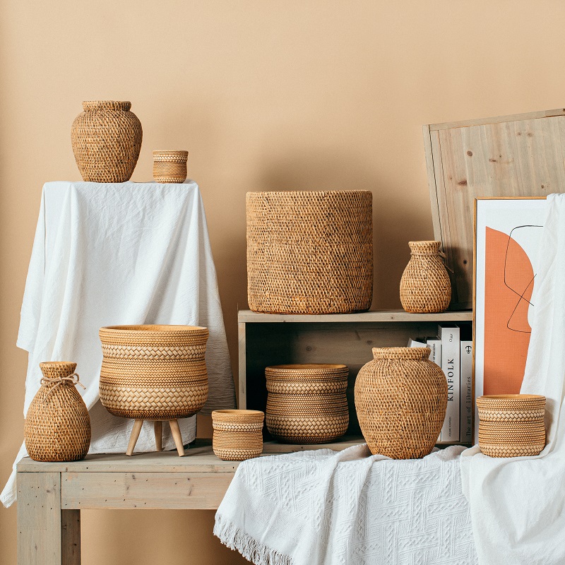 Retro rustic style handmade bamboo woven design pottery vases big flower vase cement vases for home decor