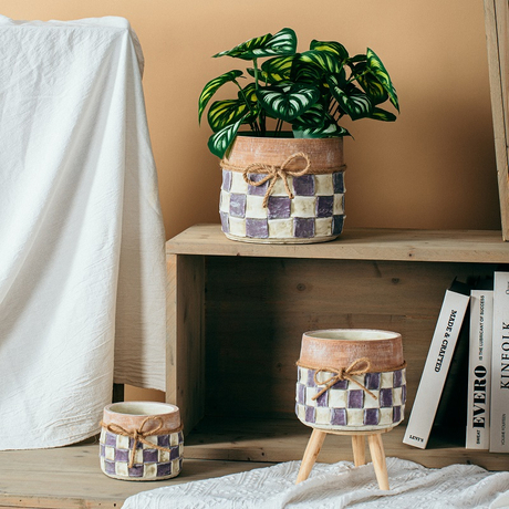 Nordic style customizable check pattern design succulent plant pot indoor decoration cement pots