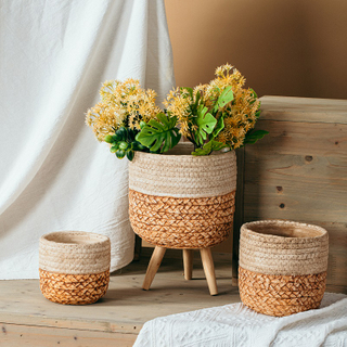 Retro style bamboo woven design indoor outdoor garden desktop classical plant cement flower pots for home decor