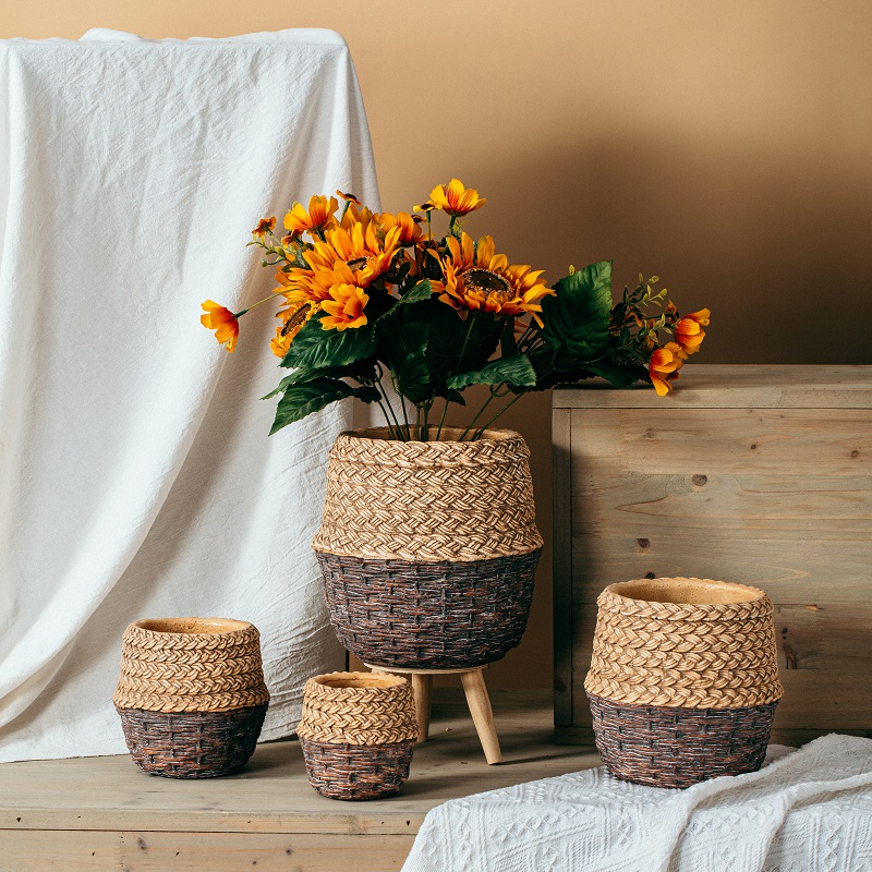 Rural rural style bamboo weaving design balcony planter pot cement cheap garden flower pots for sale