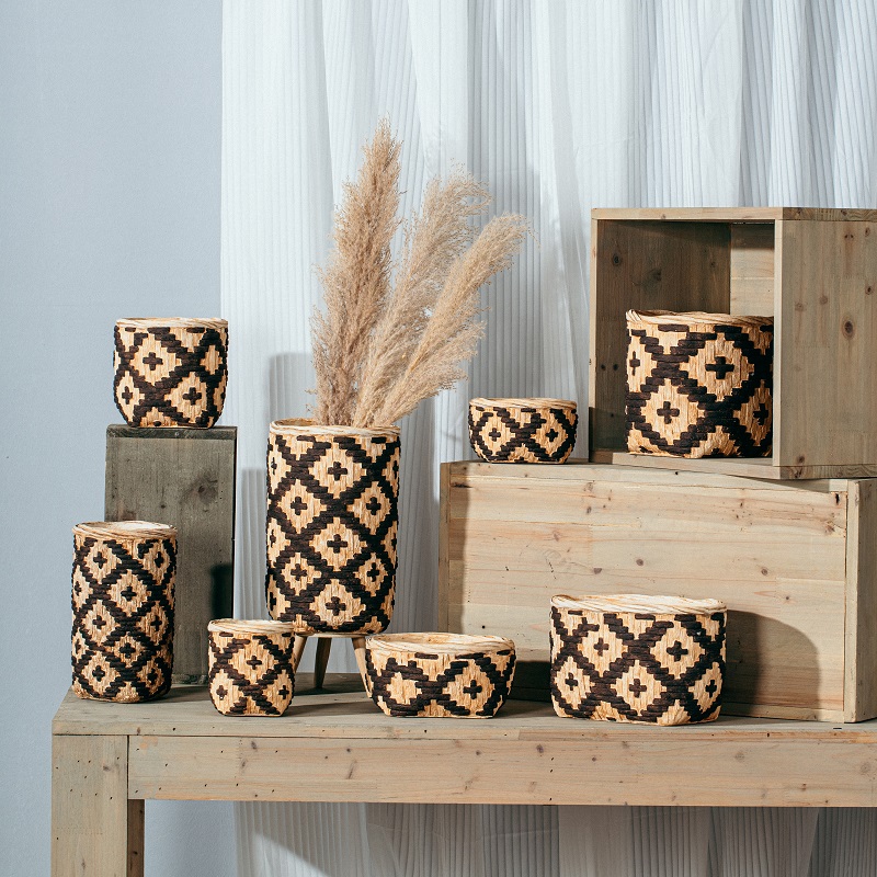 Special design bamboo woven design courtyard outdoor concrete bonsai pot planter cement flower pots