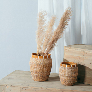 New product bamboo woven design courtyard decorative wide mouth large pot jar cement flower vase