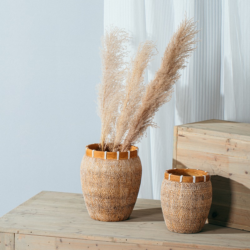 New product bamboo woven design courtyard decorative wide mouth large pot jar cement flower vase