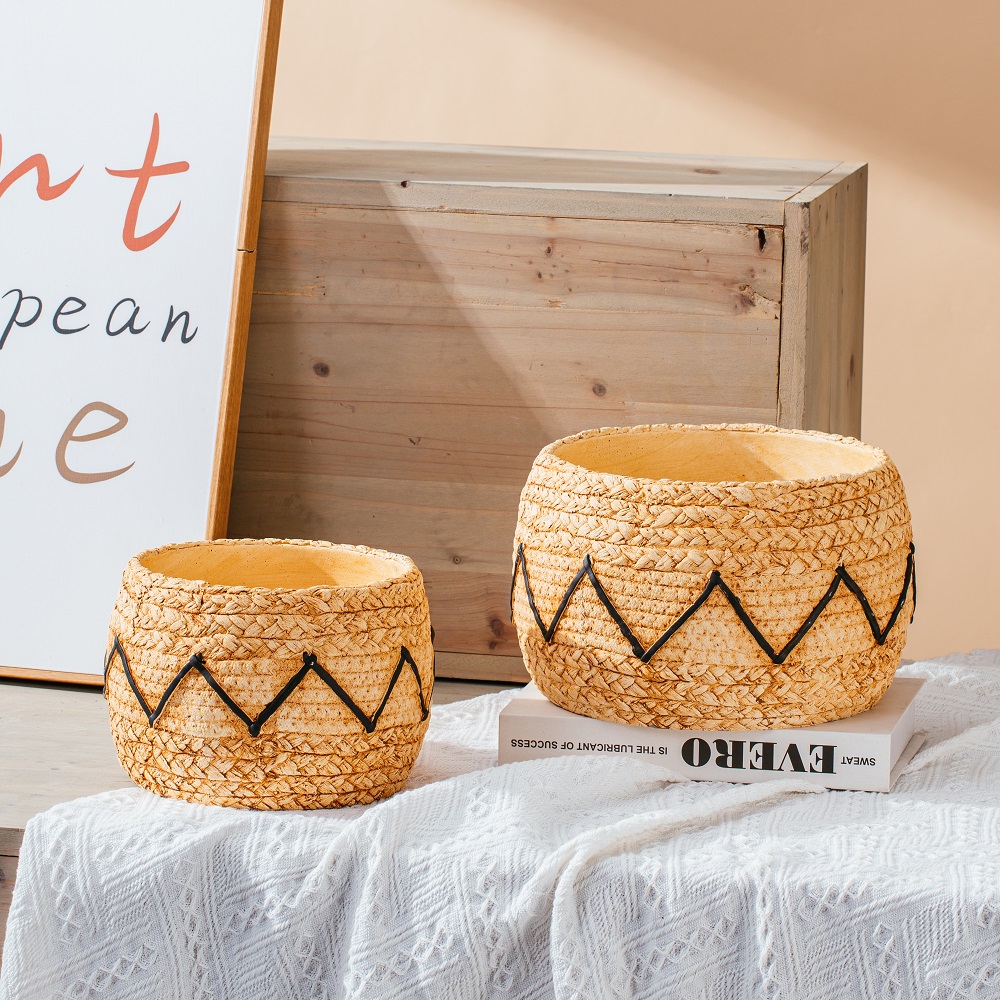 Good sale bamboo woven design cement pots decoration concrete flower pot 