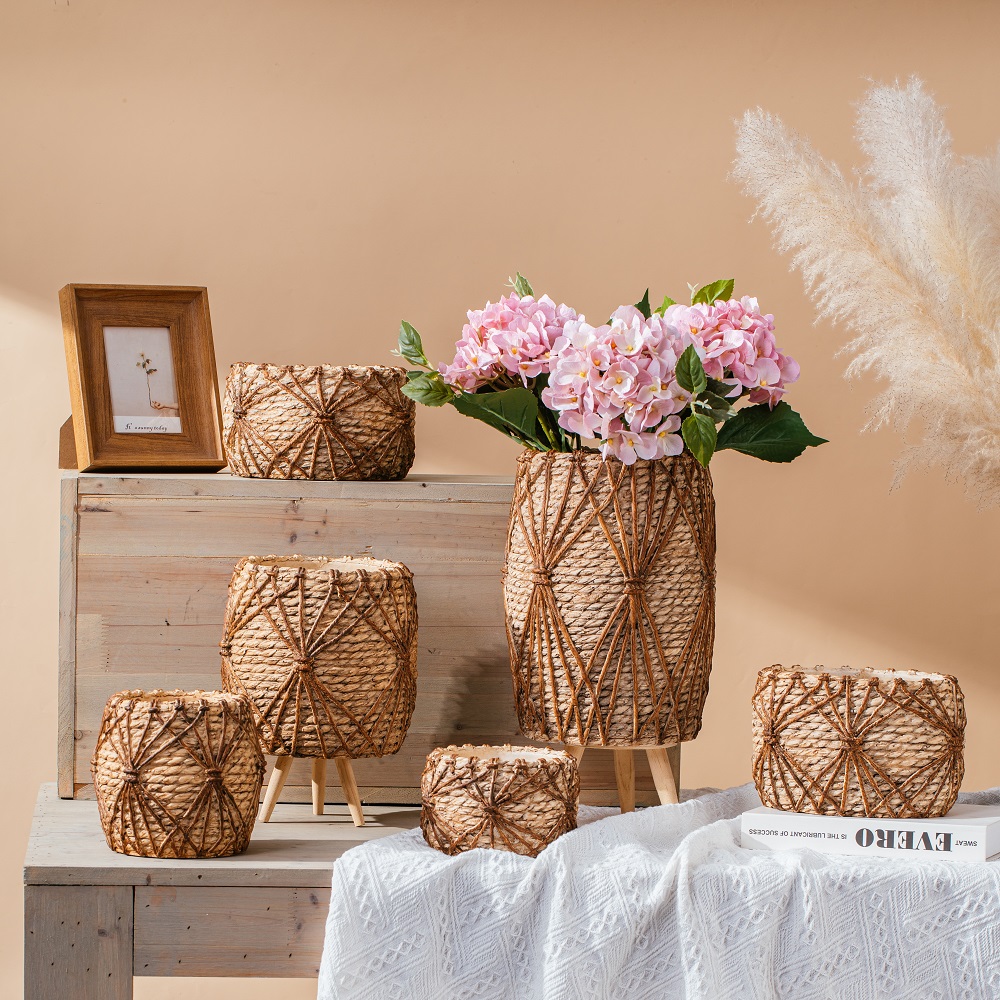 garden decoration plant pots bamboo woven handmade cement flower pot for plant