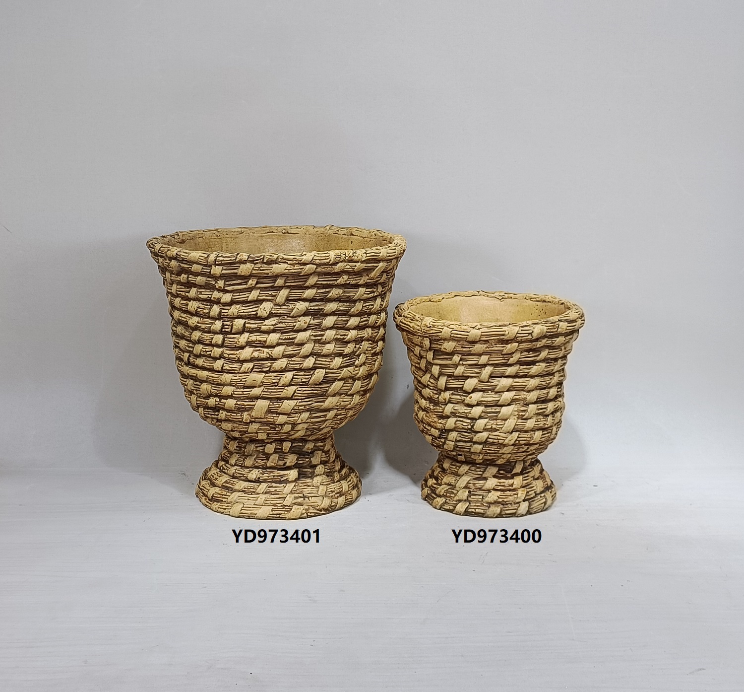 Creative rustic pastoral unique woven basket design cement urn pot decoration concrete flower pots planters