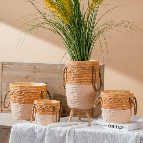 home garden decoration cement flower planter pots with jute handle
