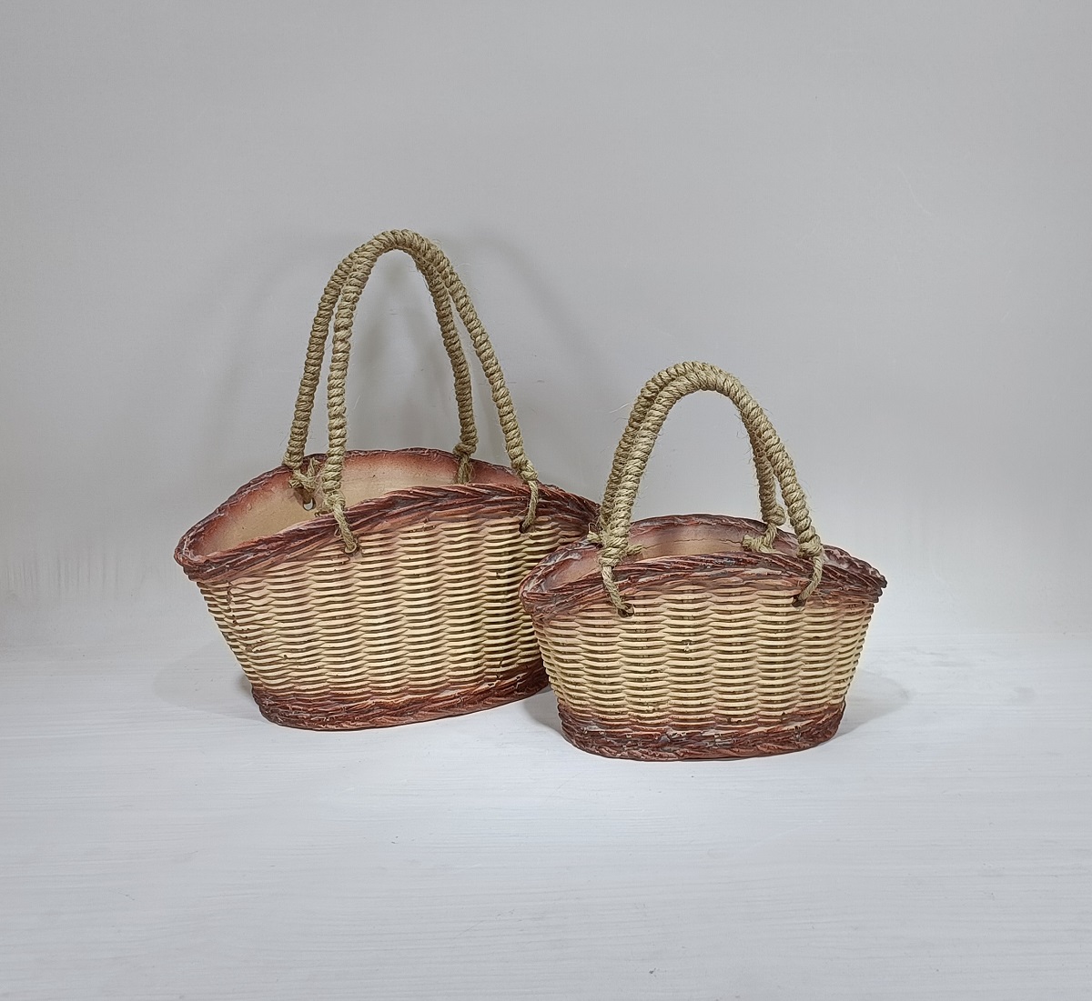 Bamboo design home garden decoration floating cement flower planter pots with jute handle