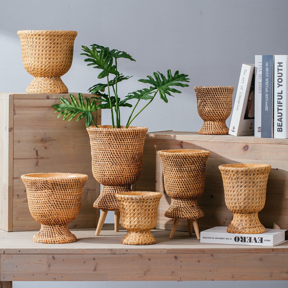 Creative rustic pastoral unique woven basket design cement urn pot decoration concrete flower pots planters