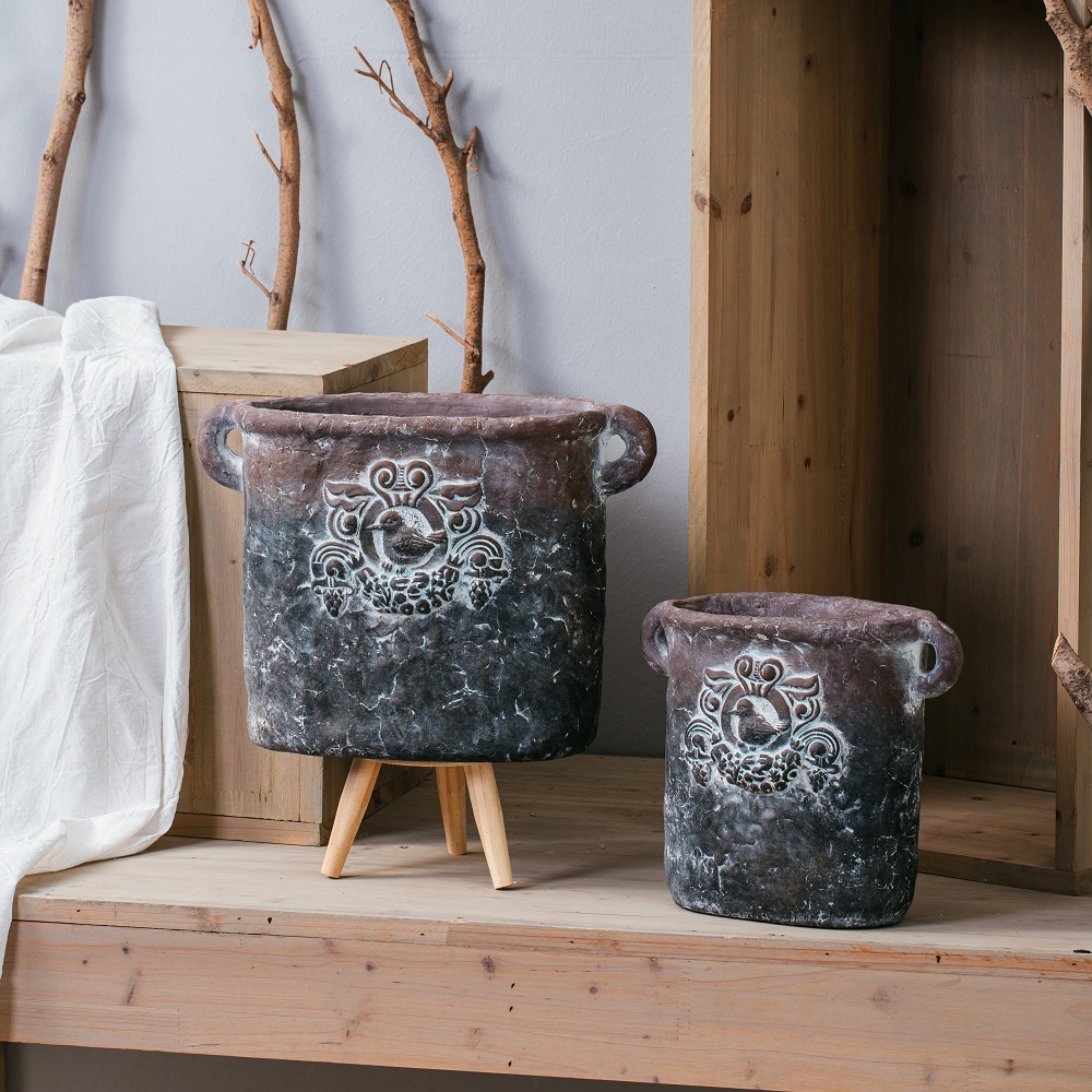 Vintage home decoration garden pots cement flower pots & planters with double handles