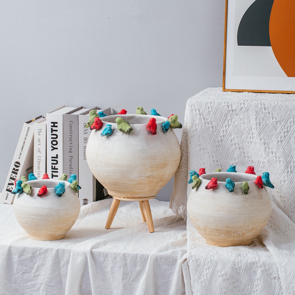 Many Birds embosses design home decorative concrete pots colorful cement flower pot for gifts