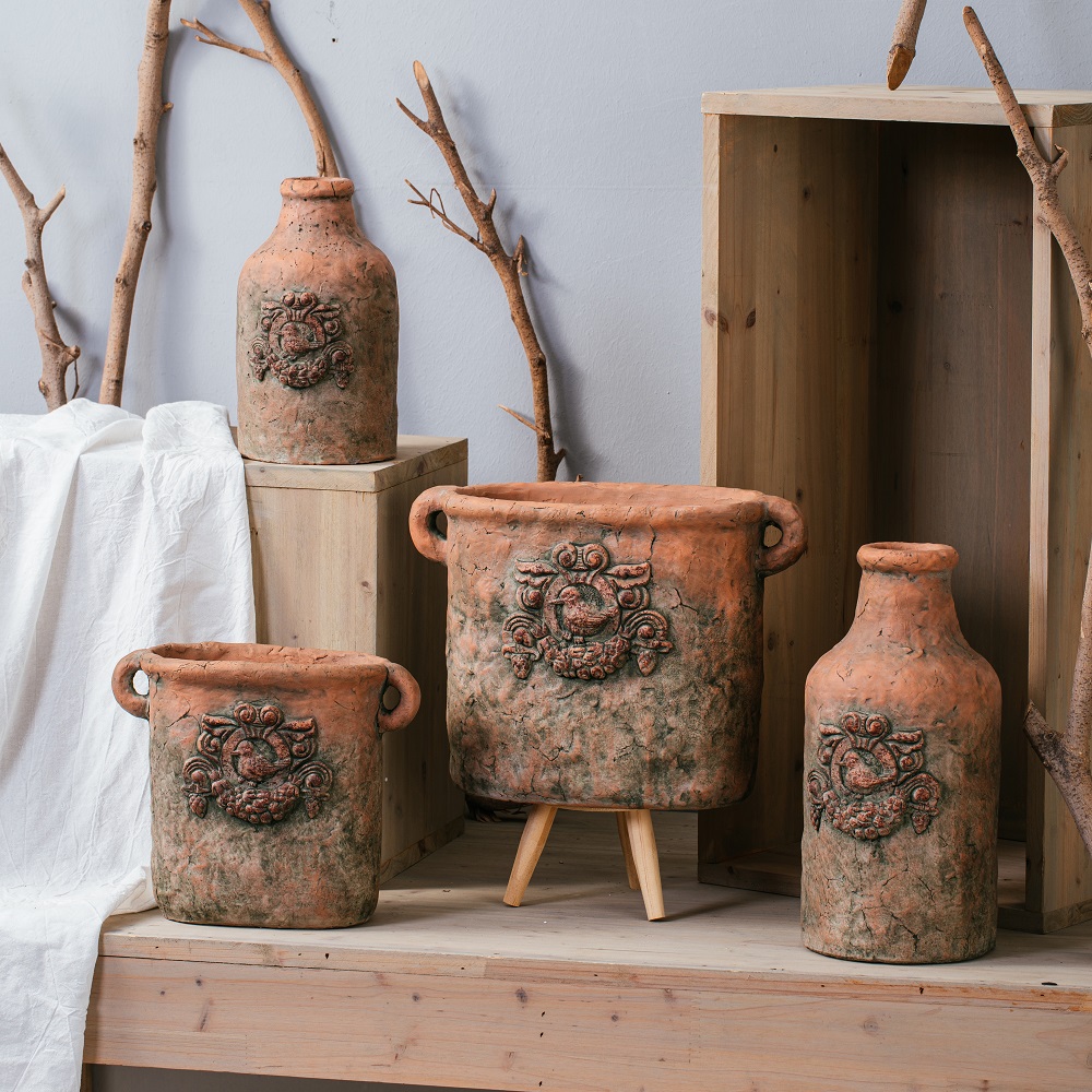 Matte terracotta color garden decoration cement plant pots with double handles