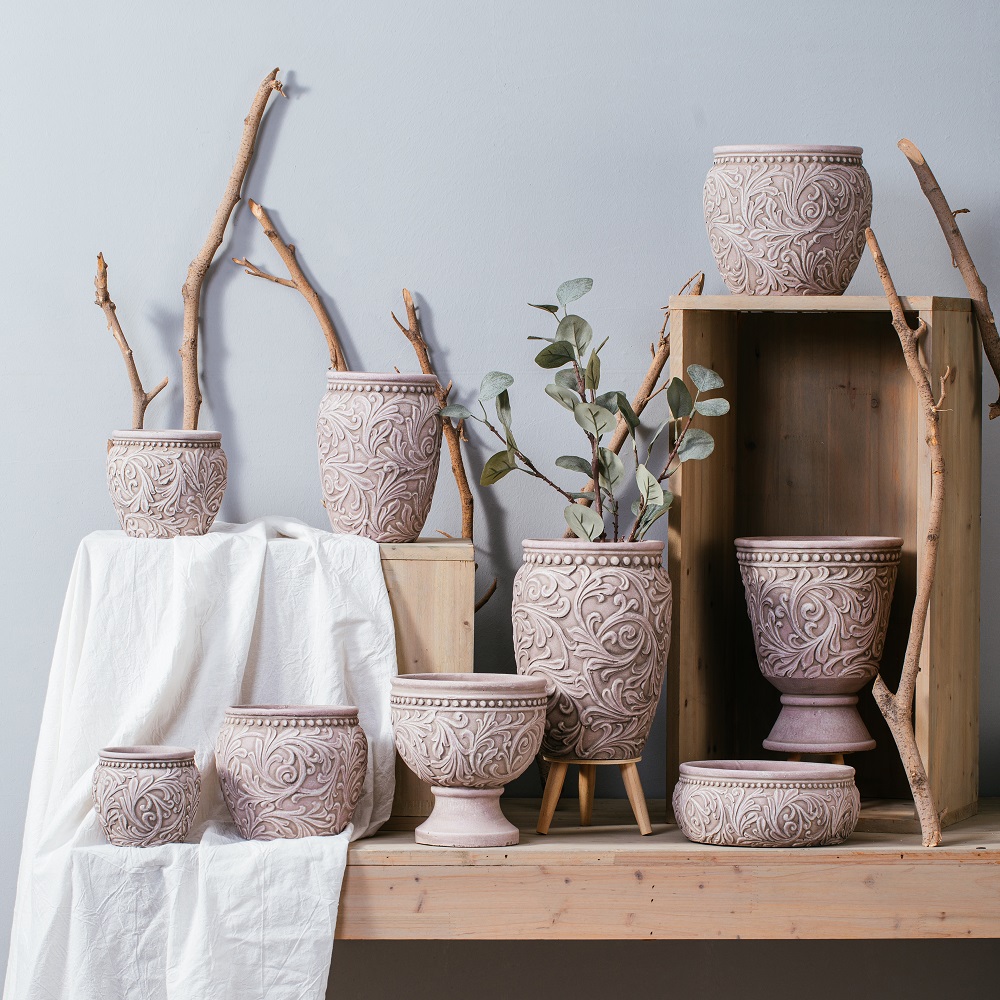 Retro style embossed concrete urn pots Vintage home decoration cement flower urn pots