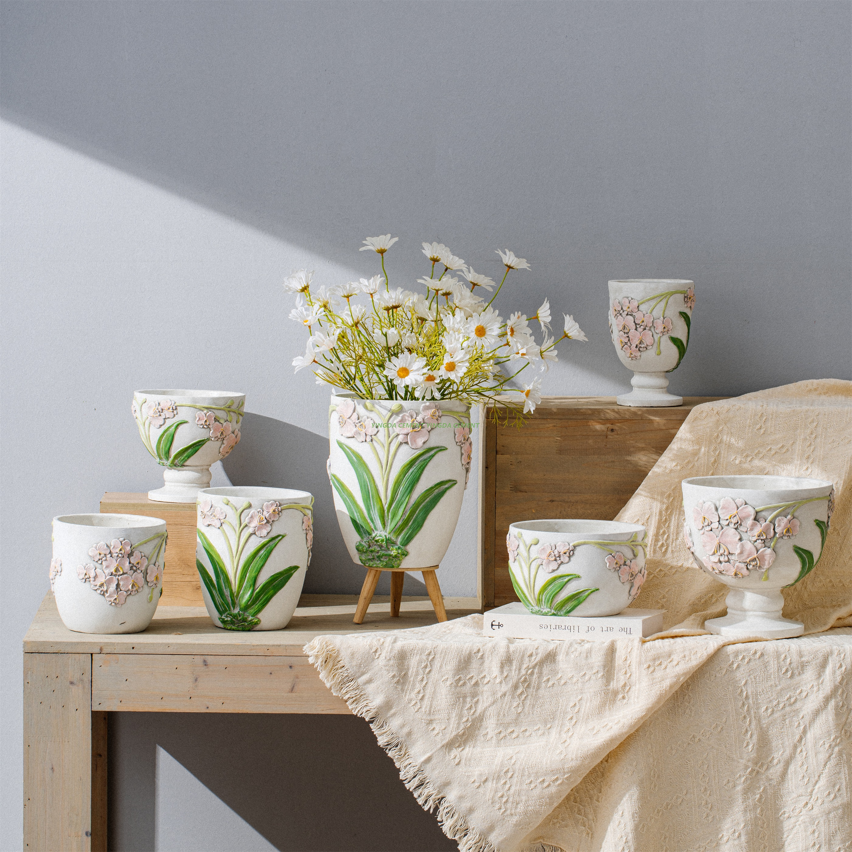 Custom Design White Cement Flowerpot Office Hotel Table Top Desktop Garden Balcony Simple European Succulent Flower Pot