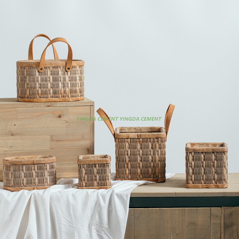 Hot Selling Creative Bamboo Weaving Design Home Garden Decorative Cement Flower Pot for Plant