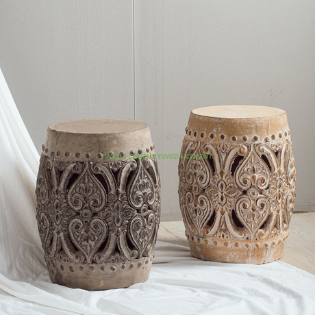Vintage Style Exquisite Hollowed Out Stool Chairs Outdoor Decoration Garden Cement Drum Stool