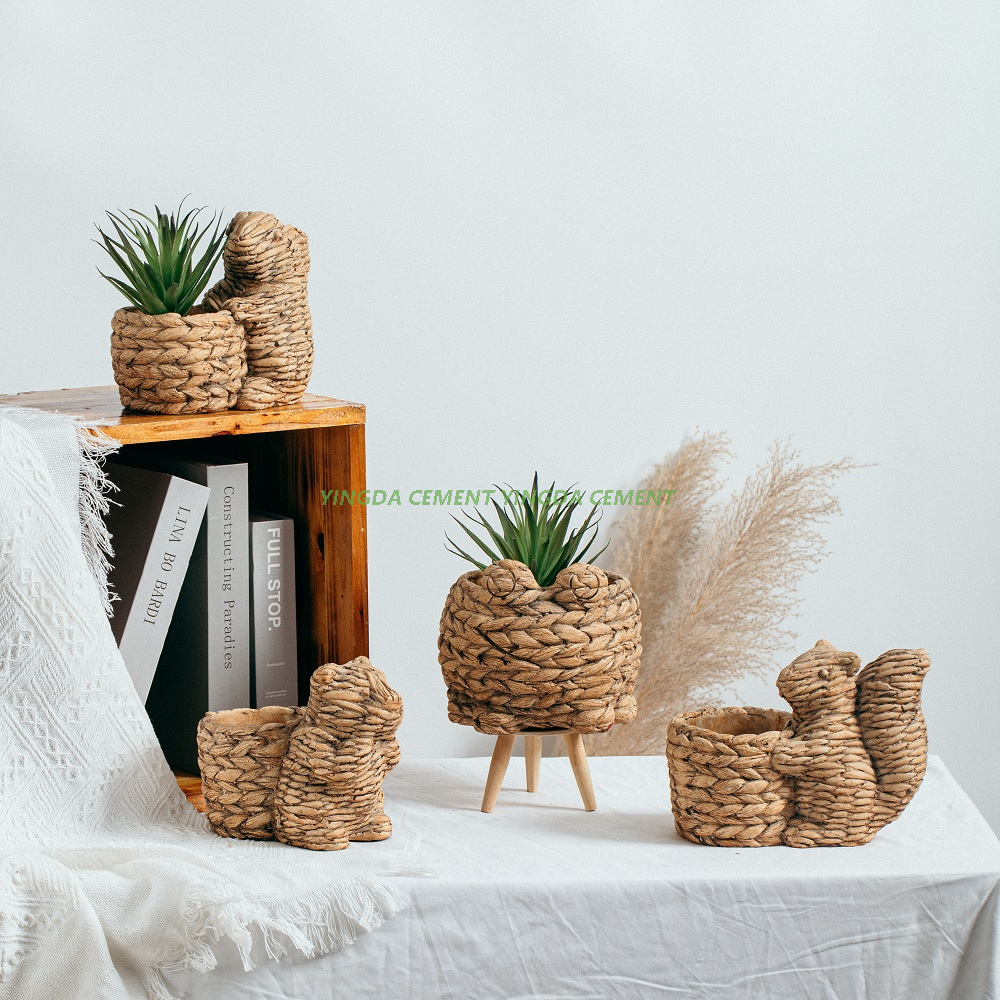 Home Garden Hot Selling Bamboo Woven Design Cute Animal Shape Succulent Planter Small Cement Flower Pot