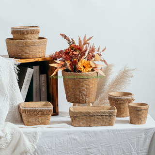 Vintage Style Bamboo Design Cement Cactus Pot Table Top Decoration Concrete Flower Pots Planters