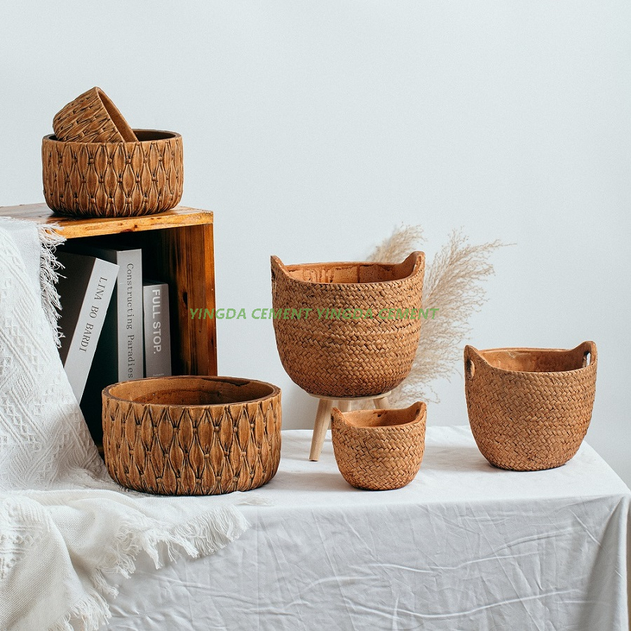 Bamboo Weaving Hanging Basket Design Antique Garden Planter Cement Flower Pot