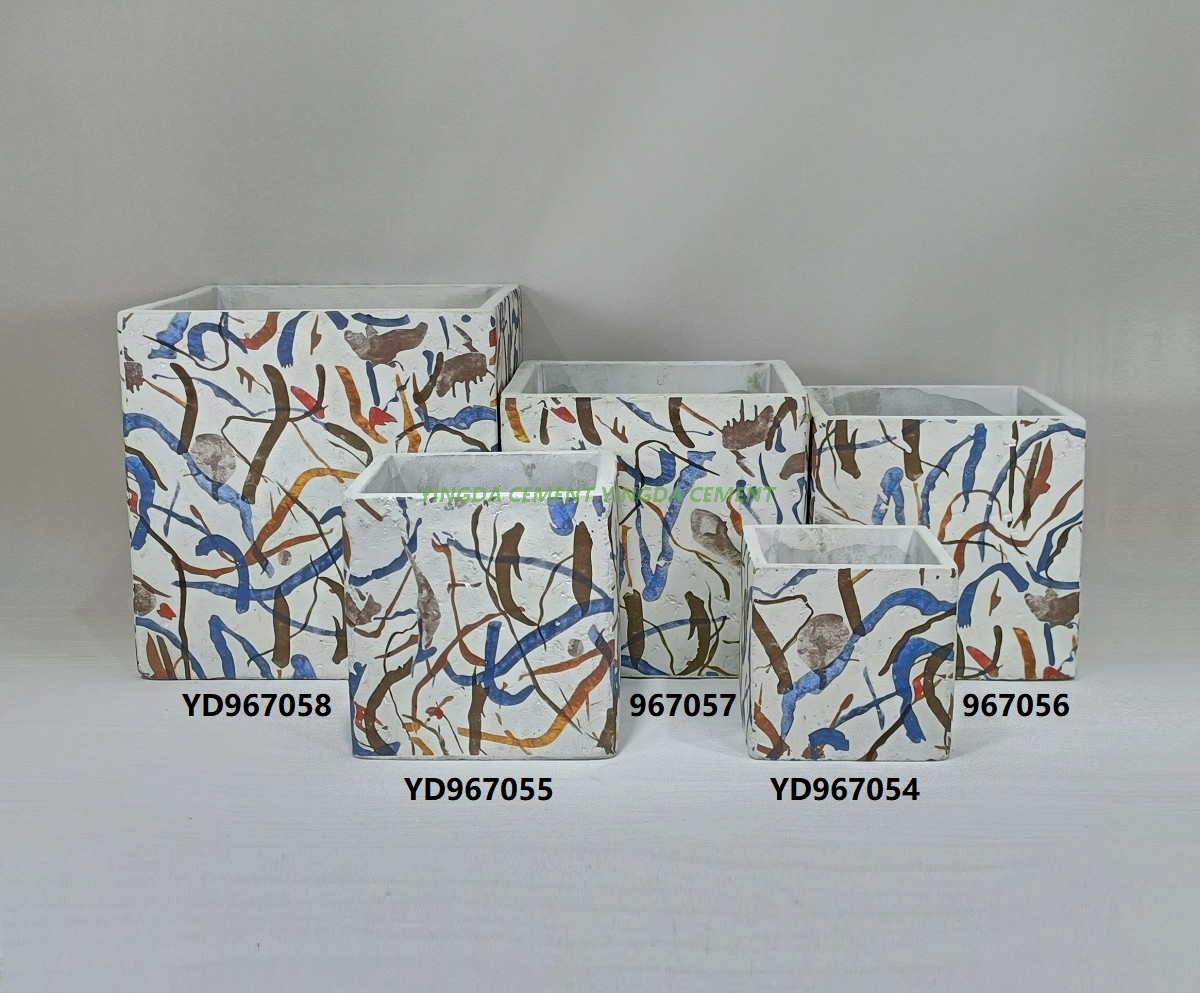 Square Pot with Decal Cement Flower Pot