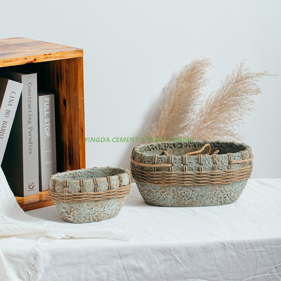 Fashion Art Natural Planter Pots Home Decorative Ornaments Cement Hanging Flower Pot with Rope Handle