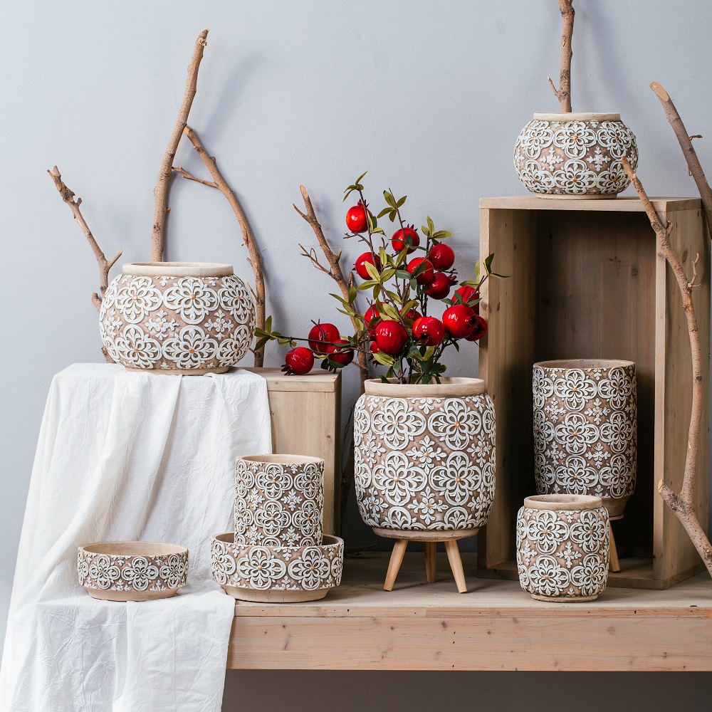 cement garden pot antique embossed home decoration flower pots & planters