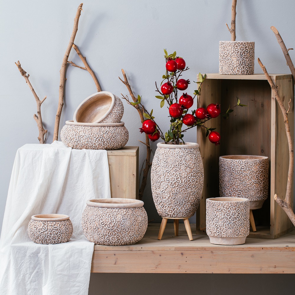 decorative indoor outdoor embossed cement pot succulents flower pots planter for home decor