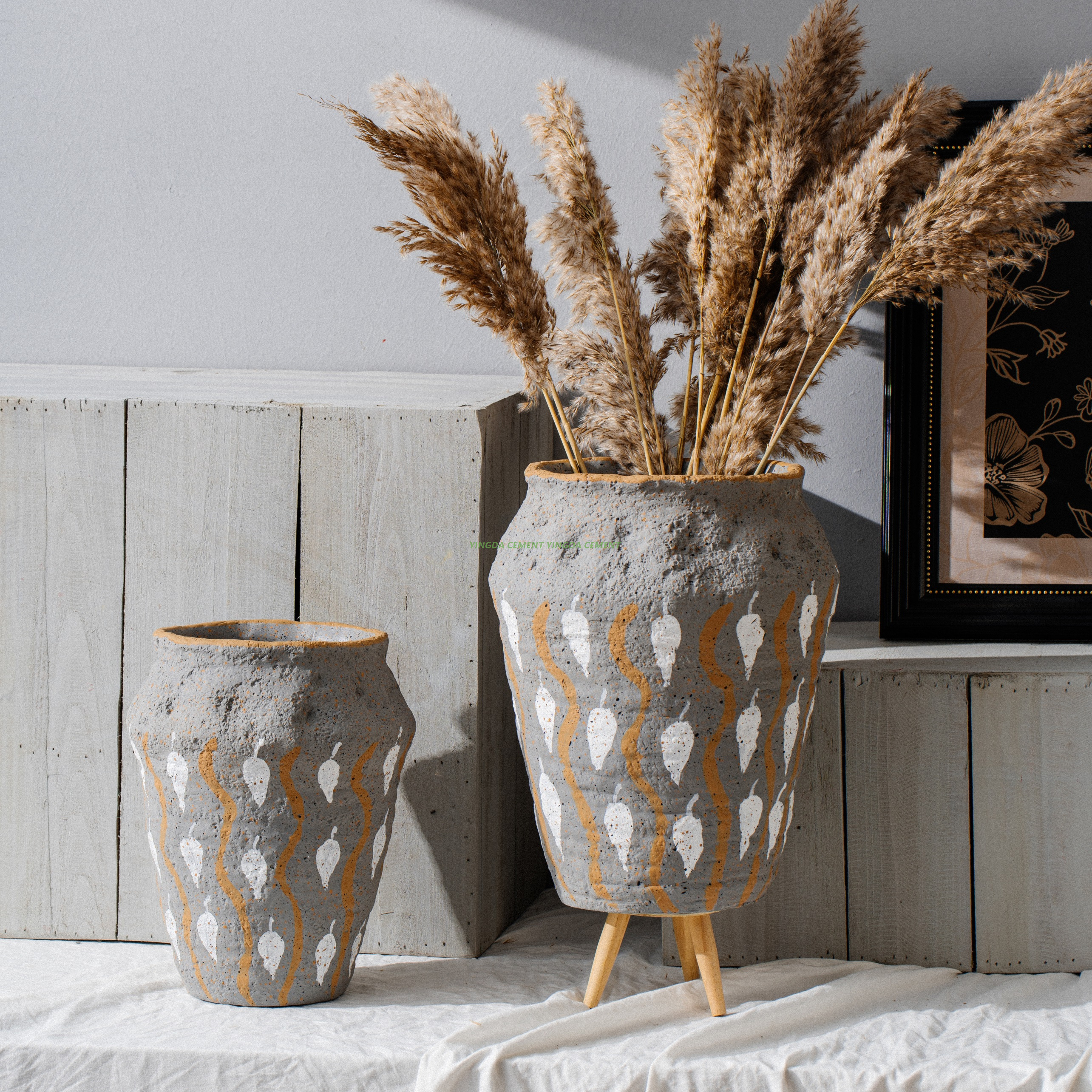 Handmade Cement Concrete Flower Pots With Bases Hand Painted Planter Ceramic Succulent Flowerpot