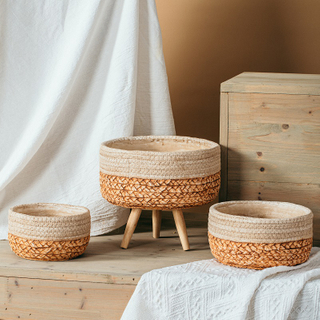 European style home decoration round matte cement flower pots planters bamboo woven design wholesale cement pots