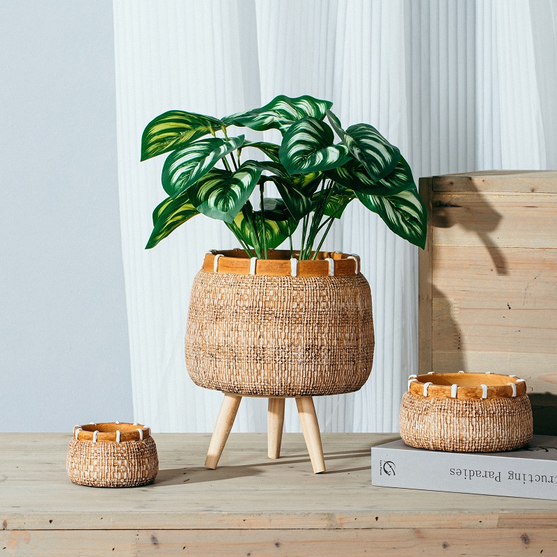 Hot selling bamboo woven design small planters indoor tabletop succulent pots cement garden flower pot