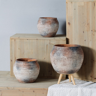 Retro style round clay terracotta flower pot garden ornaments cement plant pot for decoration