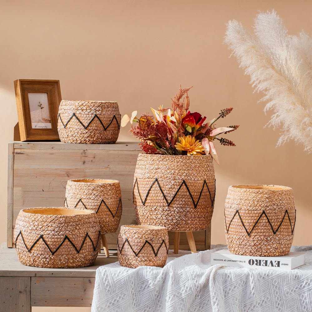 bamboo woven design succulent planter pot concrete cement flower plant pots for garden