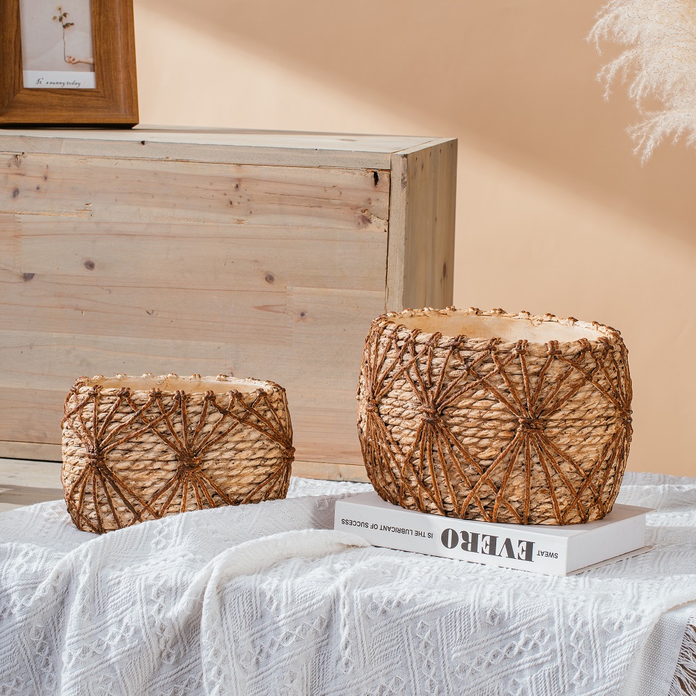 Bamboo design concrete oval flower plant table decoration cement garden pots