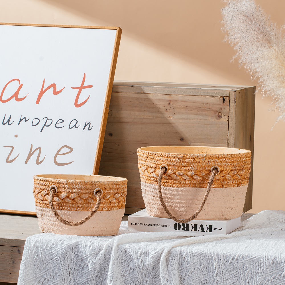 Modern home decor indoor plants succulent pot cement flower pots with jute handle