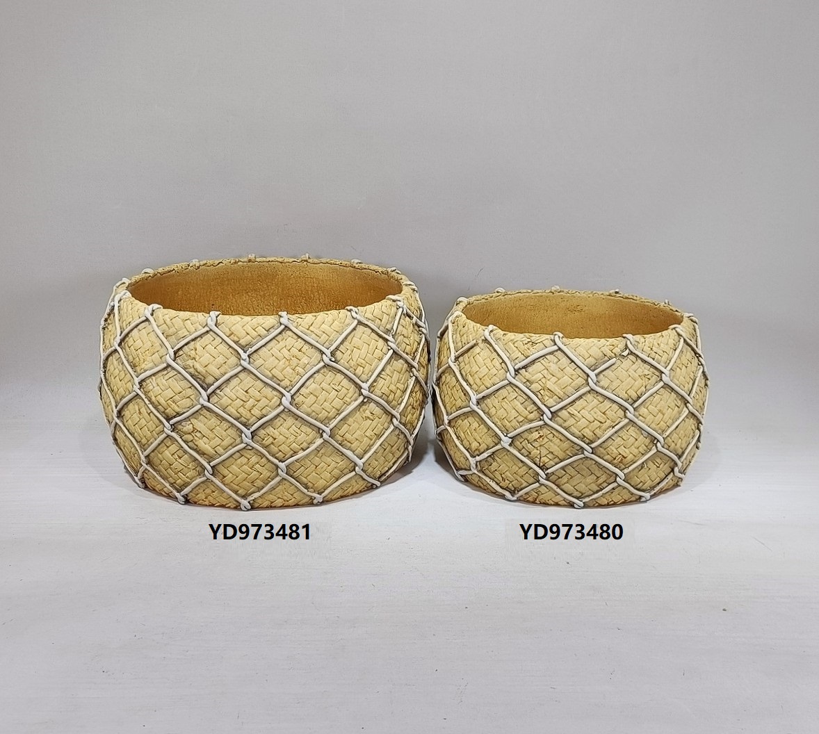Rustic style bamboo woven design plant pot home decorative cement flower pots