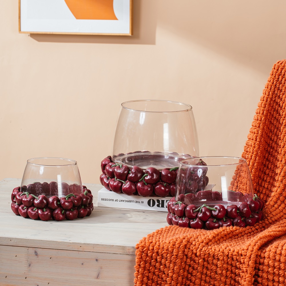 home table cement candle holder fruits design cherry shape candle holder with glass pot