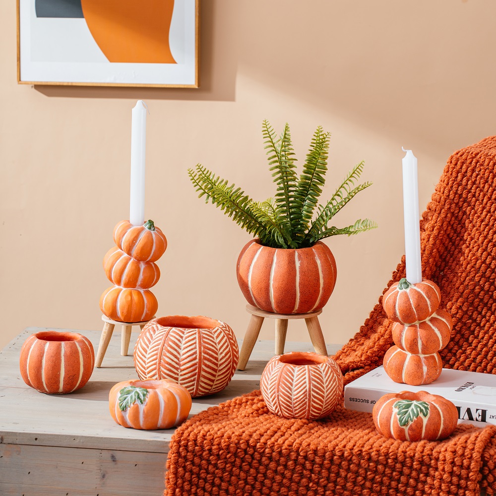  Embossed modern cement candle holder fruits design pumpkin shape candle holder for gift crafts