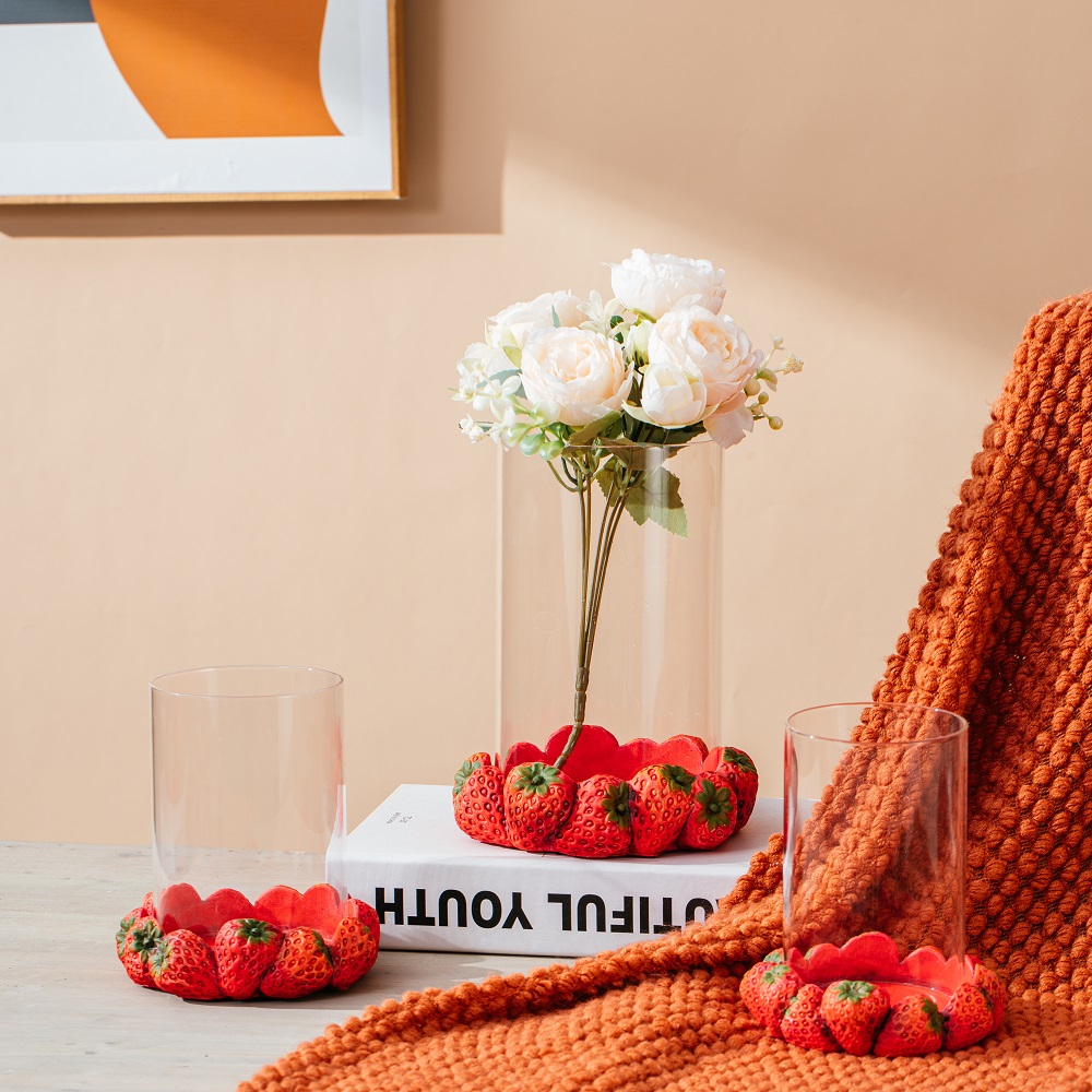 home table top decoration cement tea light cement candle holder fruits design strawberry shape candle holder with glass pot