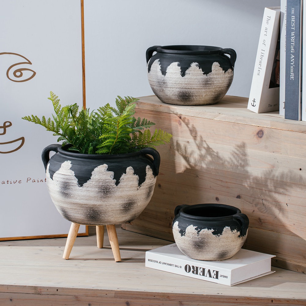 garden decoration cement plant pots Matte Succulent Planters Decorative Flower Pot with Double Handles