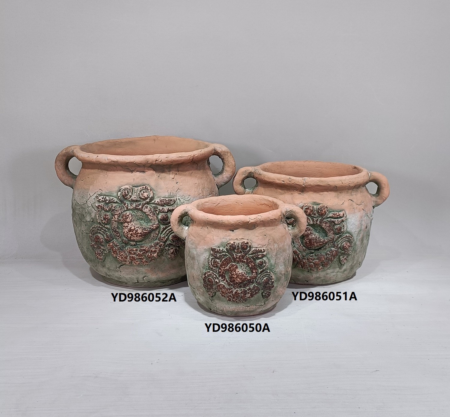 Round matte terracotta color garden decoration cement plant pots with double handles