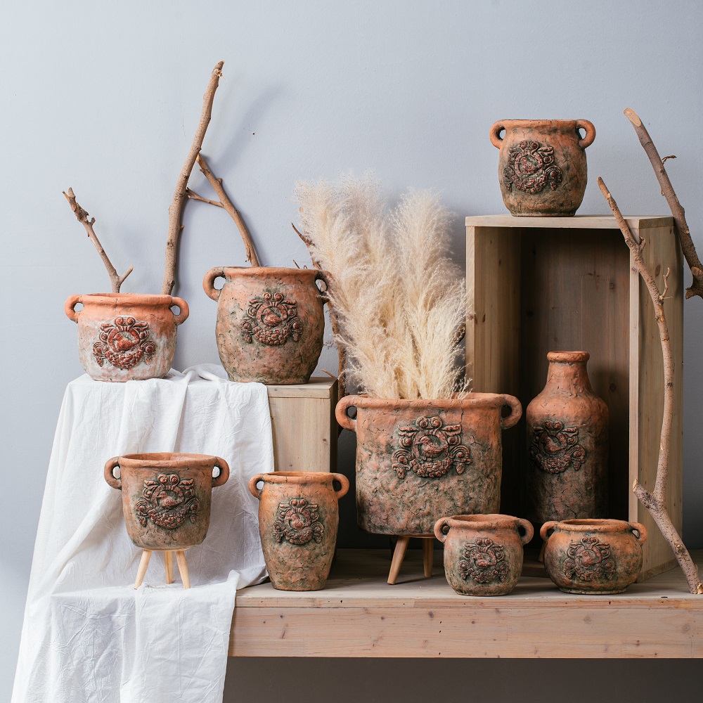 Popular high quality matte terracotta color garden decoration cement plant pots with double handles
