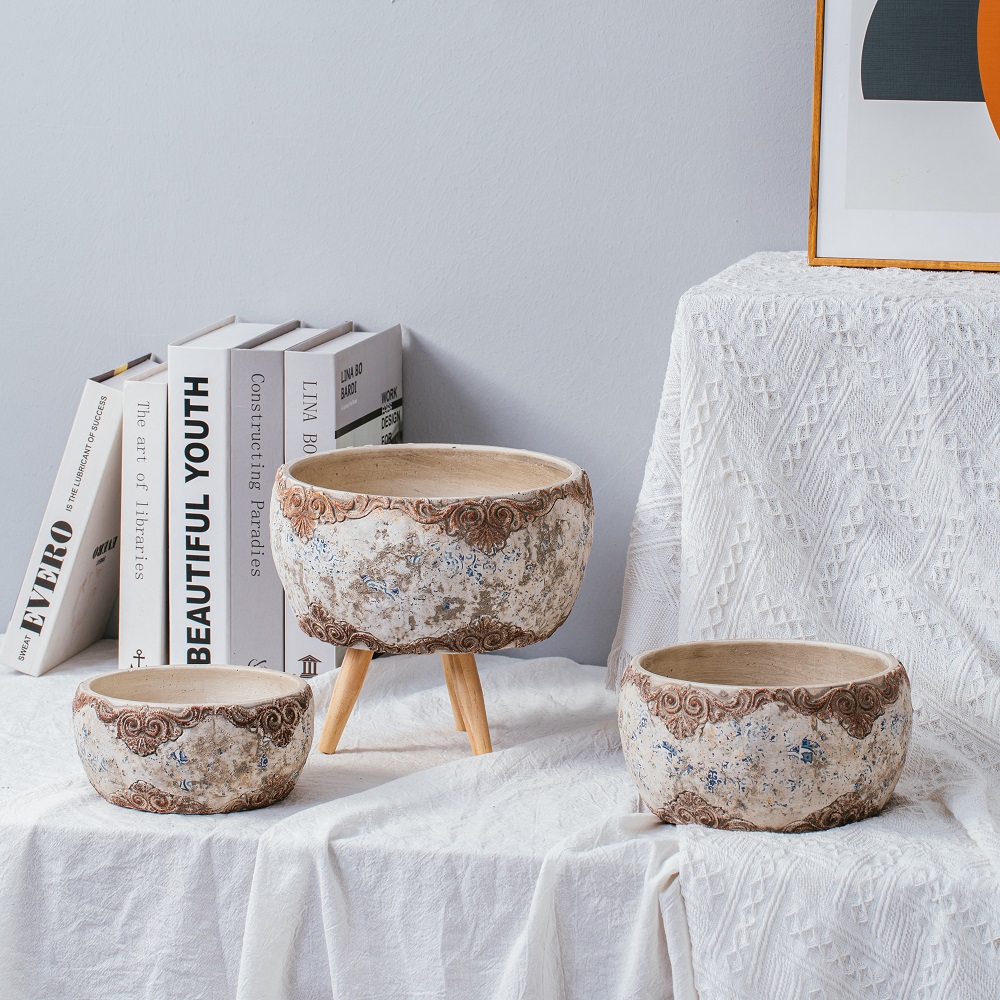 Antiqued decal pattern Round indoor outdoor cement flower pot garden decoration concrete planters