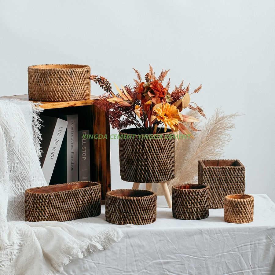 Wholesale Weaving Design Concrete Bonsai Planter Desktop Decorative Cement Flower Pots for Garden Decor