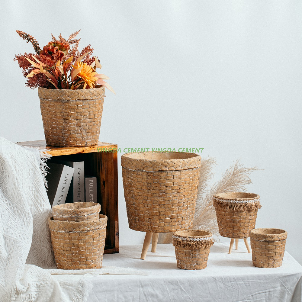 Vintage Style Bamboo Design Cement Cactus Pot Table Top Decoration Concrete Flower Pots Planters