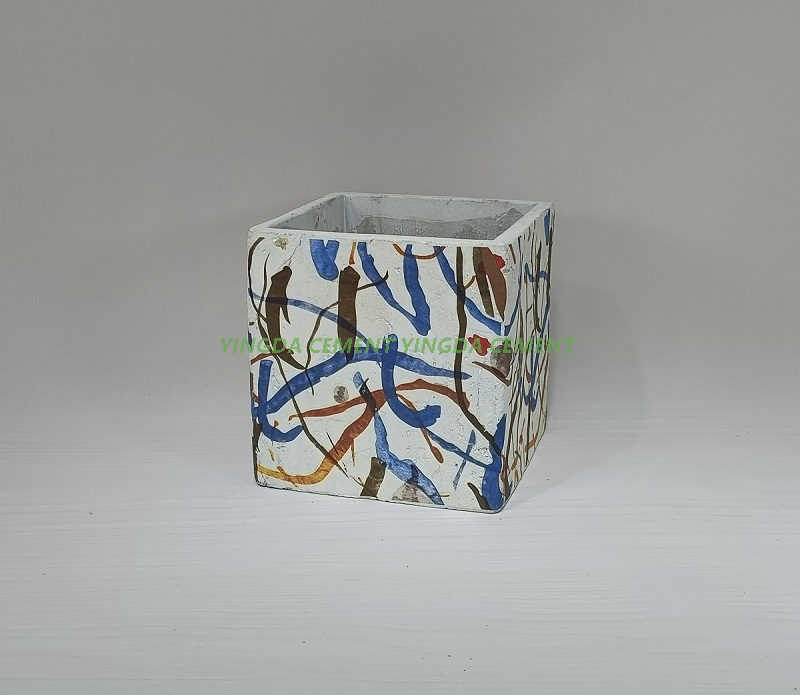 Square Pot with Decal Cement Flower Pot