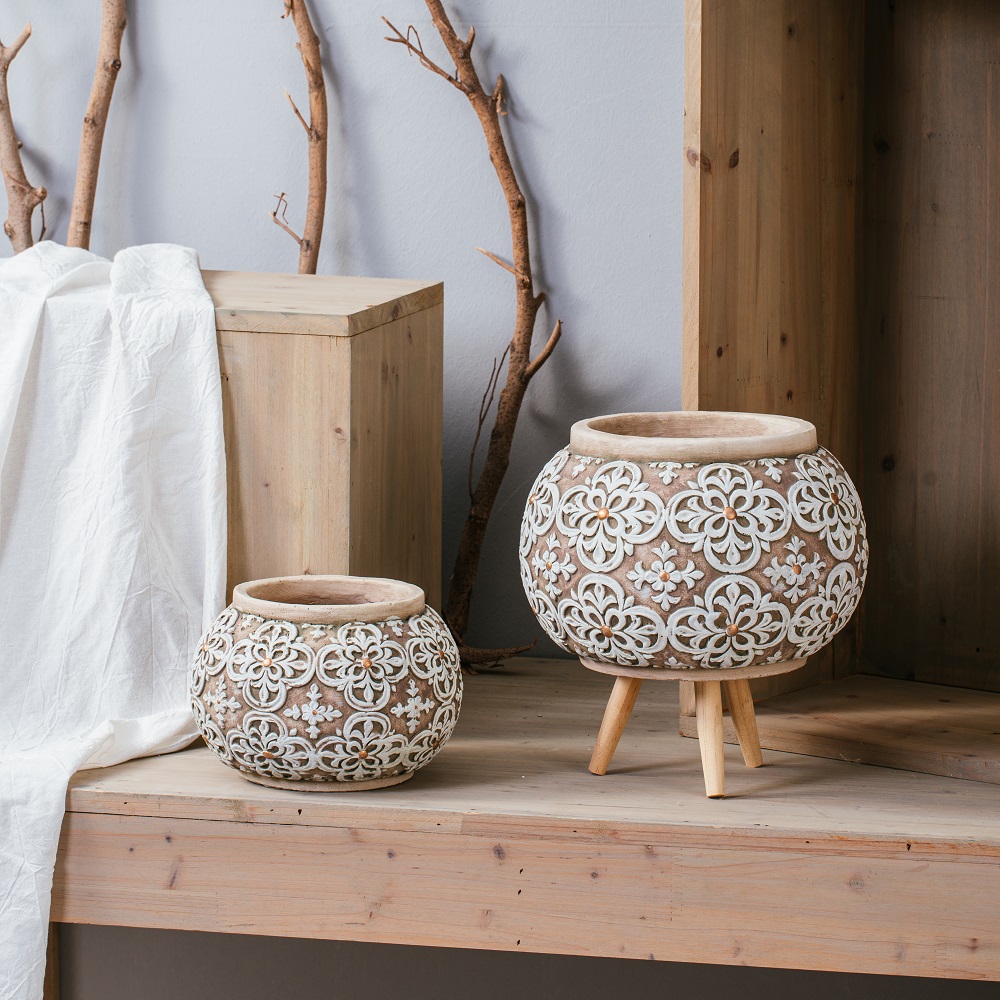 Ball shape decorative indoor outdoor cement pot embossed succulents flower pots planter for home decor