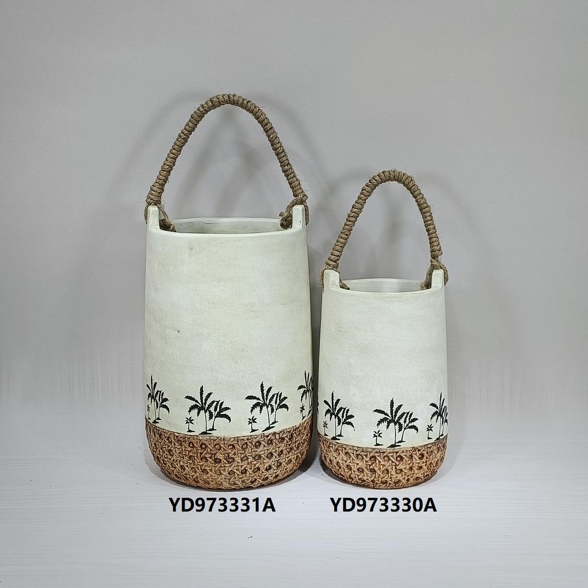 Wholesale bamboo woven base design ikebana vases modern indoor decoration cement flower vase with handle