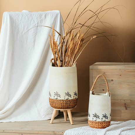 Wholesale bamboo woven base design ikebana vases modern indoor decoration cement flower vase with handle